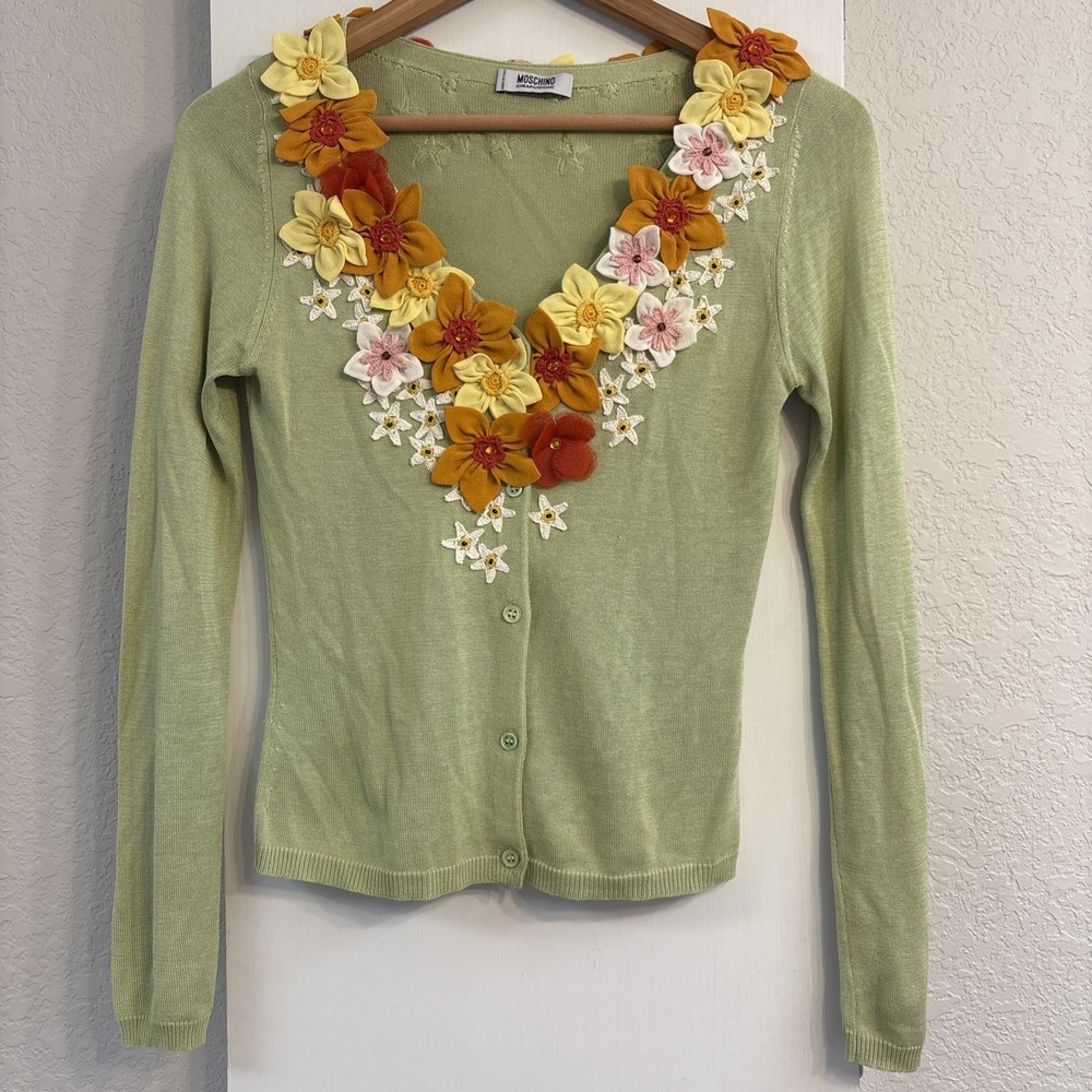 Moschino Cheap And Chic Lime Green Floral Cardigan Sweater 100% Silk Size 8